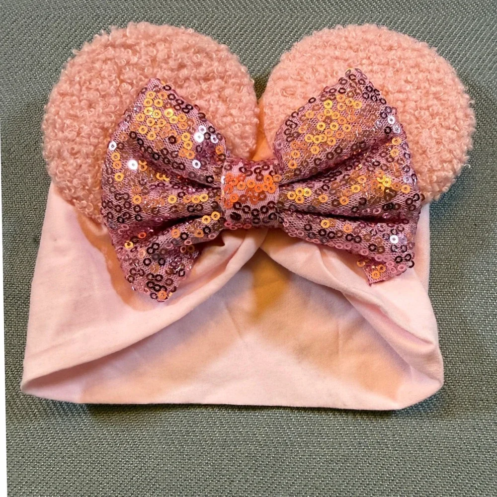 Pink Mouse Ears Sequin Bow Baby Headband Sherpa Ears Disney Style Accessory
